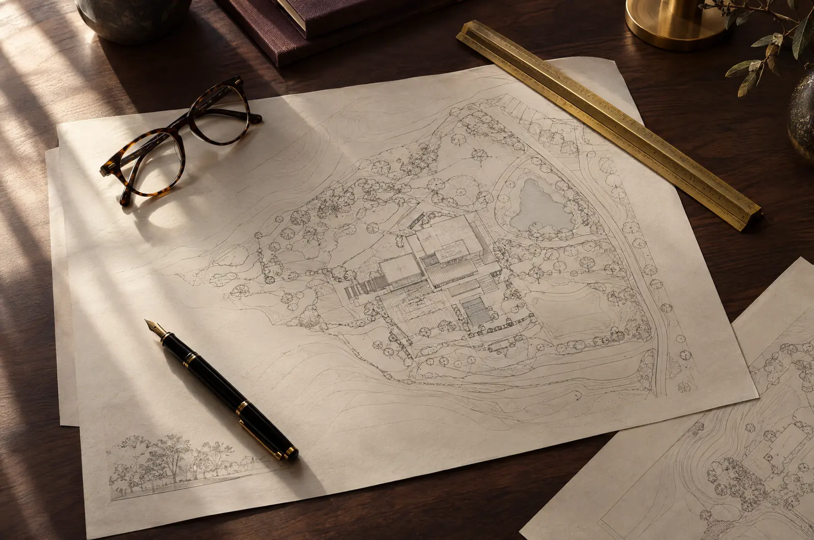 Site plans, a brass scale ruler and a fountain pen on a walnut desk